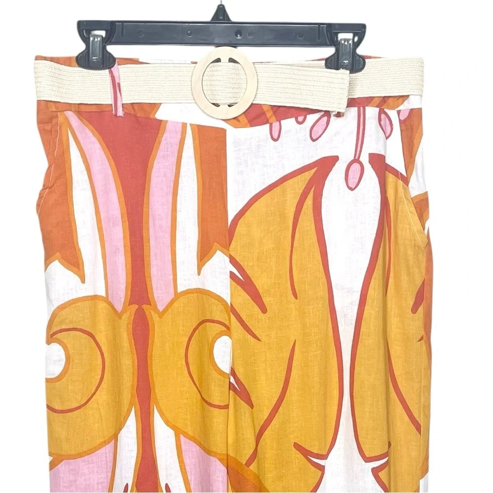 Rachel Zoe Tropical Print Linen Rayon Wide Leg Pants with Belt XL - Picture 3 of 11